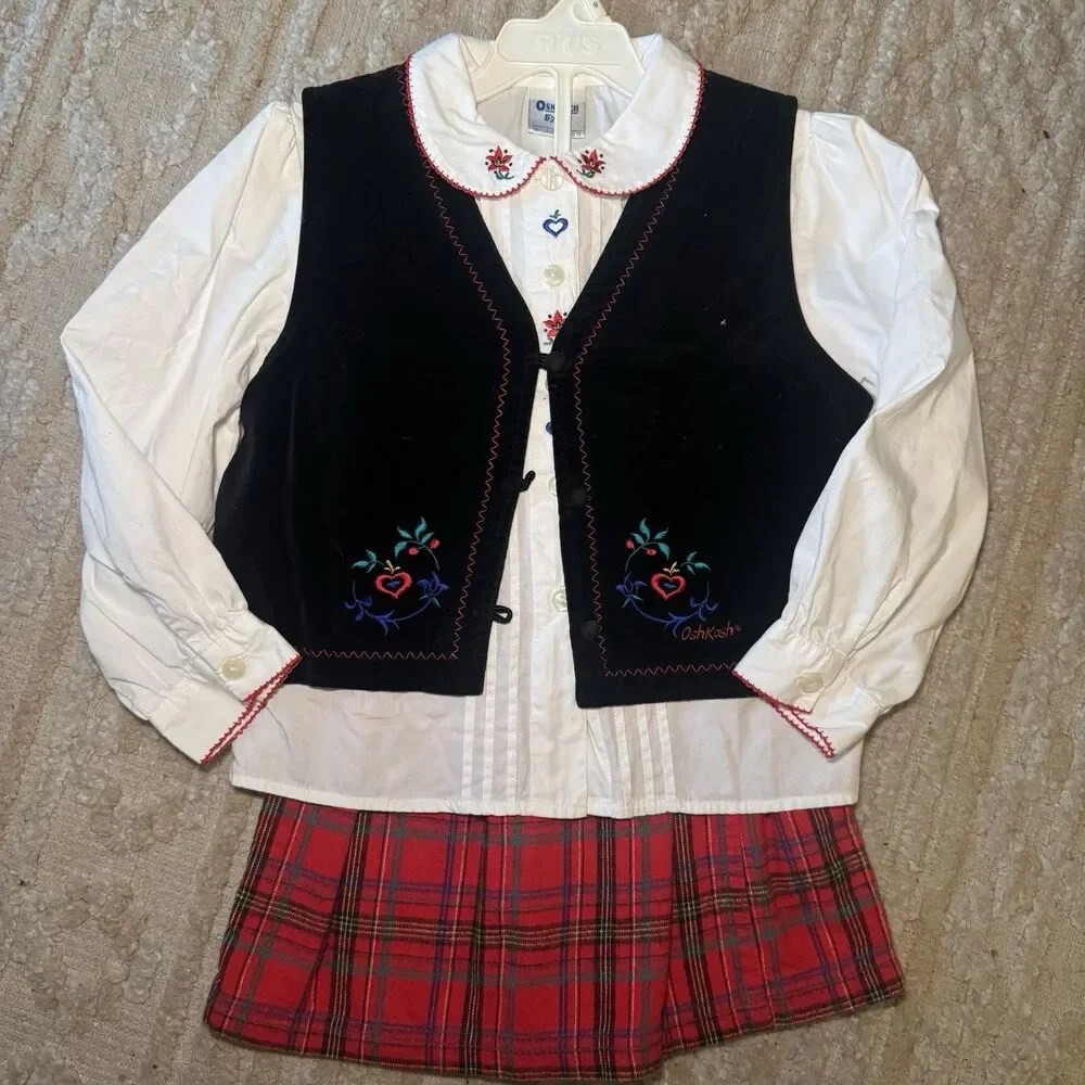 VTG 90s OshKosh Bgosh Girls 3pc Holiday Set Velvet Vest Plaid Skort Blouse 6X